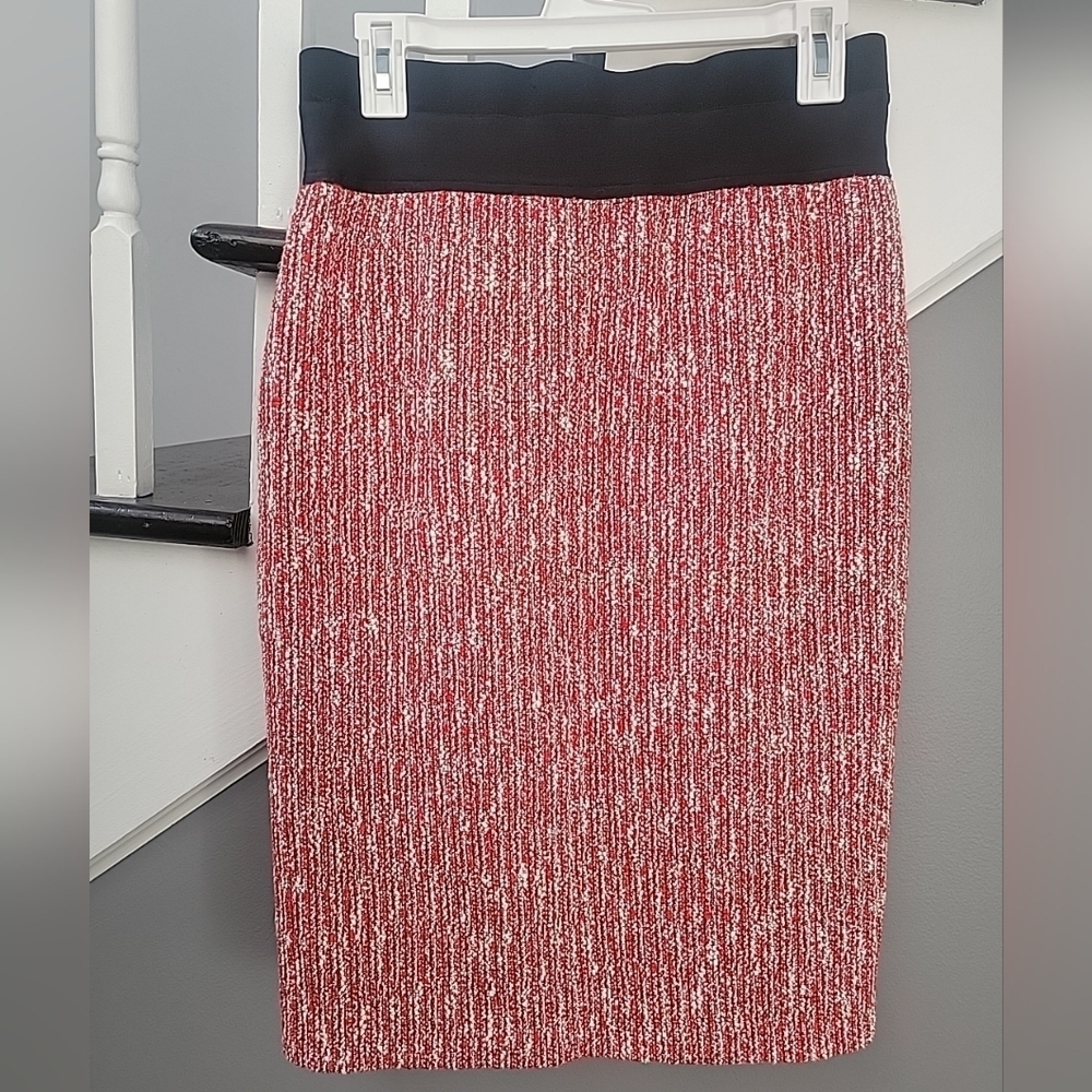 Maje Skirt Womens Medium 42 Jivor Tweed Pencil Midi Red White Pockets - Picture 3 of 5